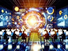 SEO-Experten-Team in einem modernen Kontrollzentrum bei gemeinsamer Analyse von SEO-Daten auf digitalen Oberflächen, umgeben von Charts, Keywords, Netzwerkverbindungen und Medaillen.