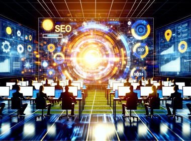 SEO-Experten-Team in einem modernen Kontrollzentrum bei gemeinsamer Analyse von SEO-Daten auf digitalen Oberflächen, umgeben von Charts, Keywords, Netzwerkverbindungen und Medaillen.