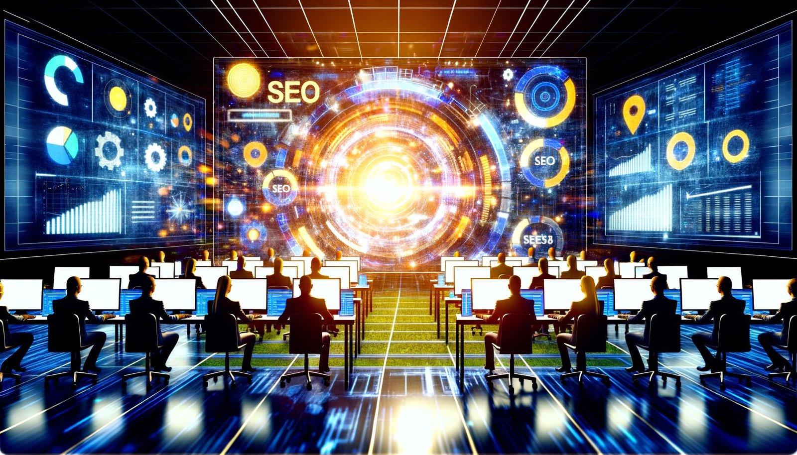 SEO-Experten-Team in einem modernen Kontrollzentrum bei gemeinsamer Analyse von SEO-Daten auf digitalen Oberflächen, umgeben von Charts, Keywords, Netzwerkverbindungen und Medaillen.