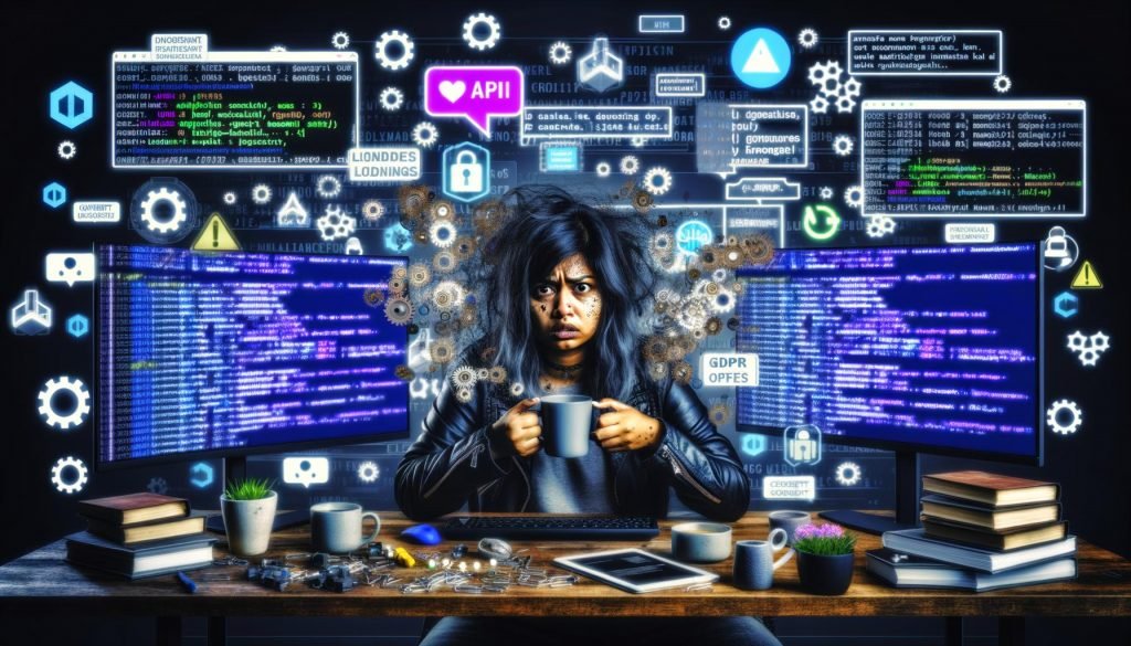 Frustrierter Content Creator an chaotischem Schreibtisch mit Monitoren voller Daten und Fehlermeldungen, umgeben von schwebenden Plug-in-Logos und zerbröckelnden Blockchain-Symbolen, im Hintergrund ein Dschungel aus DSGVO- und Consent-Popups.