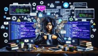 Frustrierter Content Creator an chaotischem Schreibtisch mit Monitoren voller Daten und Fehlermeldungen, umgeben von schwebenden Plug-in-Logos und zerbröckelnden Blockchain-Symbolen, im Hintergrund ein Dschungel aus DSGVO- und Consent-Popups.