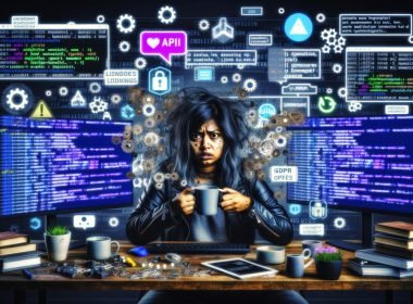 Frustrierter Content Creator an chaotischem Schreibtisch mit Monitoren voller Daten und Fehlermeldungen, umgeben von schwebenden Plug-in-Logos und zerbröckelnden Blockchain-Symbolen, im Hintergrund ein Dschungel aus DSGVO- und Consent-Popups.
