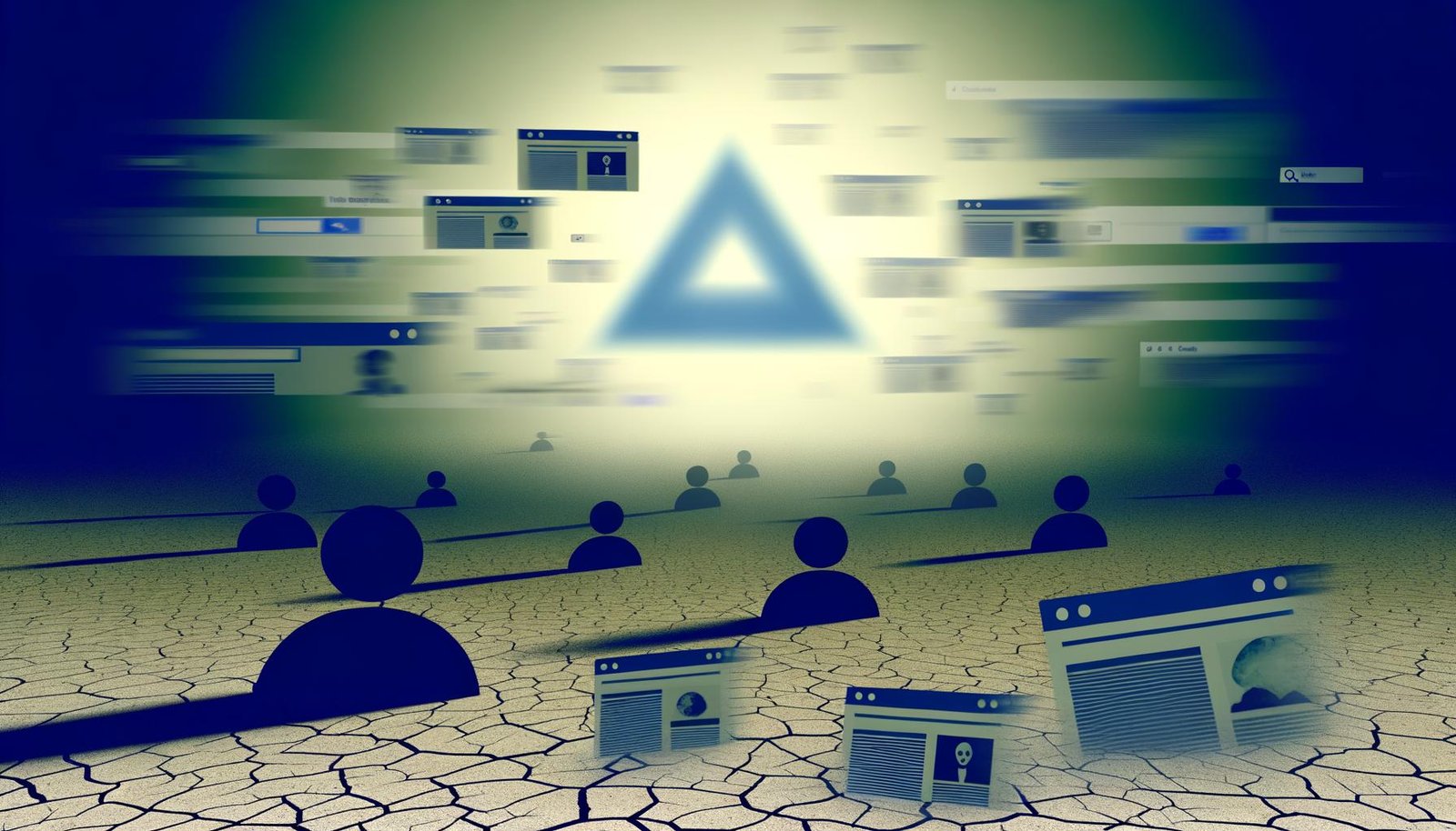 Metaphorische Szene eines digitalen Bermuda-Dreiecks mit verloren gegangenen Blog-Inhalten, Chaos und verblassender Google-Präsenz