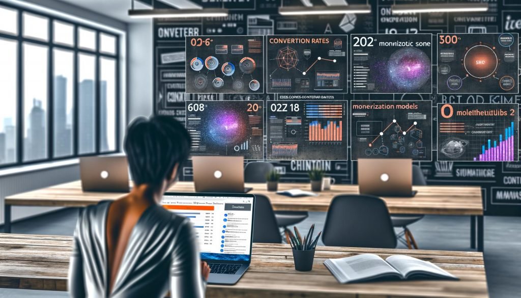 Person analysiert Conversion-Rates und Monetarisierungsmodelle am Bildschirm in einem modernen Büro mit weiteren Content-Creator, Whiteboards und 404 Magazine Branding.