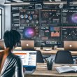 Person analysiert Conversion-Rates und Monetarisierungsmodelle am Bildschirm in einem modernen Büro mit weiteren Content-Creator, Whiteboards und 404 Magazine Branding.