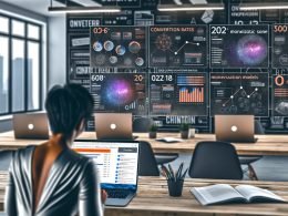 Person analysiert Conversion-Rates und Monetarisierungsmodelle am Bildschirm in einem modernen Büro mit weiteren Content-Creator, Whiteboards und 404 Magazine Branding.