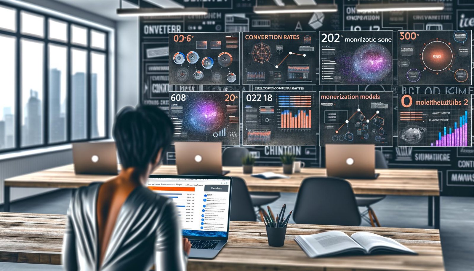 Person analysiert Conversion-Rates und Monetarisierungsmodelle am Bildschirm in einem modernen Büro mit weiteren Content-Creator, Whiteboards und 404 Magazine Branding.