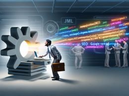 Technik-Nerd mit Laptop und Werkzeugkoffer lehnt am leuchtenden Joomla-Logo, aus dem bunte HTML- und SEO-Symbole hervorquellen, während im Hintergrund ratlose Figuren an SEO-Problemen im Serverraum scheitern.