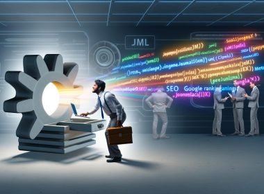 Technik-Nerd mit Laptop und Werkzeugkoffer lehnt am leuchtenden Joomla-Logo, aus dem bunte HTML- und SEO-Symbole hervorquellen, während im Hintergrund ratlose Figuren an SEO-Problemen im Serverraum scheitern.