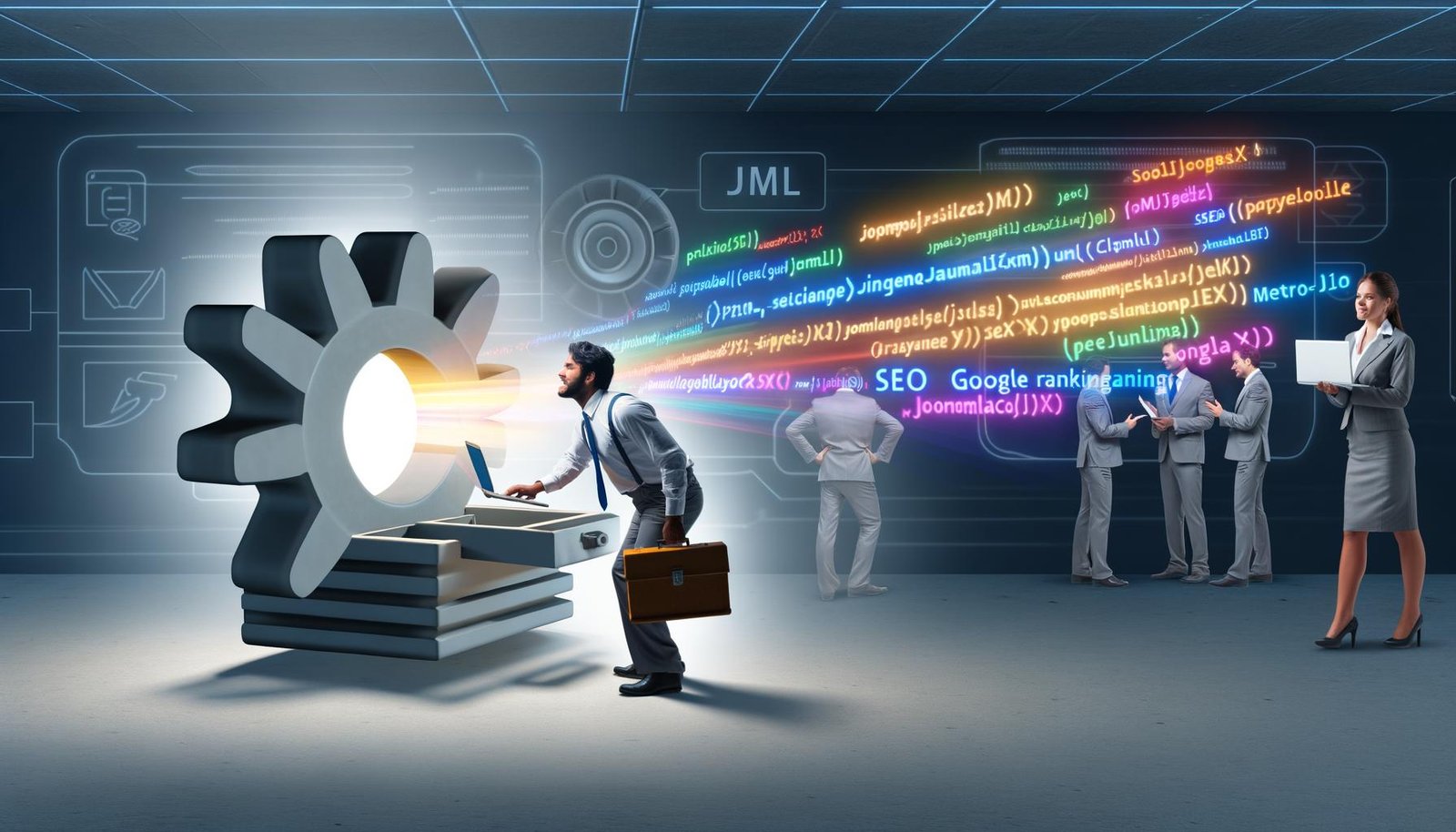 Technik-Nerd mit Laptop und Werkzeugkoffer lehnt am leuchtenden Joomla-Logo, aus dem bunte HTML- und SEO-Symbole hervorquellen, während im Hintergrund ratlose Figuren an SEO-Problemen im Serverraum scheitern.