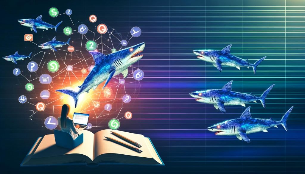 Illustration eines Bloggers, der an einem Laptop arbeitet, umgeben von Content-Marketing-Elementen und stilisierten Haien mit Social-Media- und SEO-Symbolen im Hintergrund.