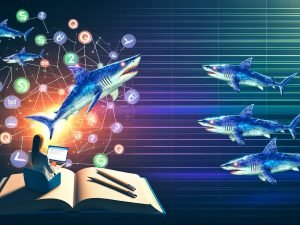Illustration eines Bloggers, der an einem Laptop arbeitet, umgeben von Content-Marketing-Elementen und stilisierten Haien mit Social-Media- und SEO-Symbolen im Hintergrund.