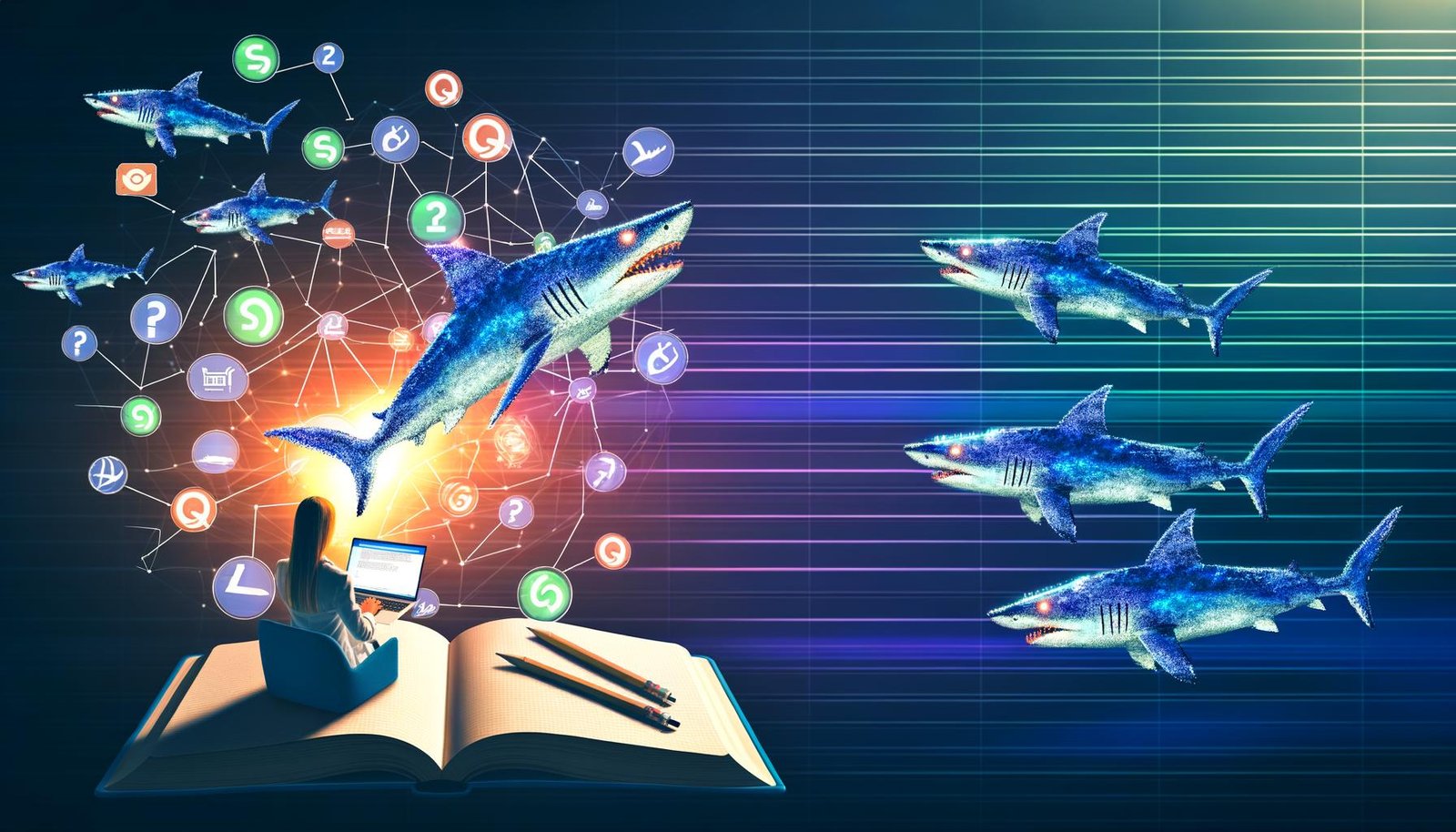 Illustration eines Bloggers, der an einem Laptop arbeitet, umgeben von Content-Marketing-Elementen und stilisierten Haien mit Social-Media- und SEO-Symbolen im Hintergrund.