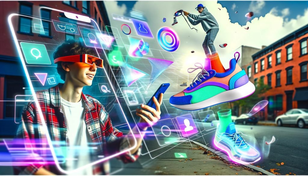 Junger Erwachsener testet digitale Sneaker per Augmented Reality in urbaner Umgebung, mit 3D-Objekten, holographischen Interfaces und Social-Media-Animation.