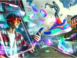 Junger Erwachsener testet digitale Sneaker per Augmented Reality in urbaner Umgebung, mit 3D-Objekten, holographischen Interfaces und Social-Media-Animation.