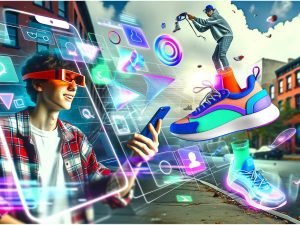 Junger Erwachsener testet digitale Sneaker per Augmented Reality in urbaner Umgebung, mit 3D-Objekten, holographischen Interfaces und Social-Media-Animation.