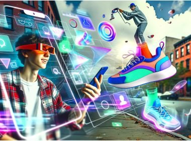Junger Erwachsener testet digitale Sneaker per Augmented Reality in urbaner Umgebung, mit 3D-Objekten, holographischen Interfaces und Social-Media-Animation.