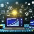 Modernes, minimalistisches Titelbild im Editorial-Design: technischer Schreibtisch mit Devices, KPI-Diagrammen, Monetarisierungs-Symbolen und digitalen Datenströmen, die in einen glänzenden Goldbarren führen.