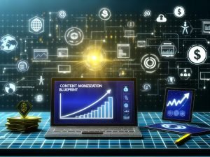 Modernes, minimalistisches Titelbild im Editorial-Design: technischer Schreibtisch mit Devices, KPI-Diagrammen, Monetarisierungs-Symbolen und digitalen Datenströmen, die in einen glänzenden Goldbarren führen.