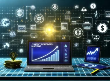 Modernes, minimalistisches Titelbild im Editorial-Design: technischer Schreibtisch mit Devices, KPI-Diagrammen, Monetarisierungs-Symbolen und digitalen Datenströmen, die in einen glänzenden Goldbarren führen.