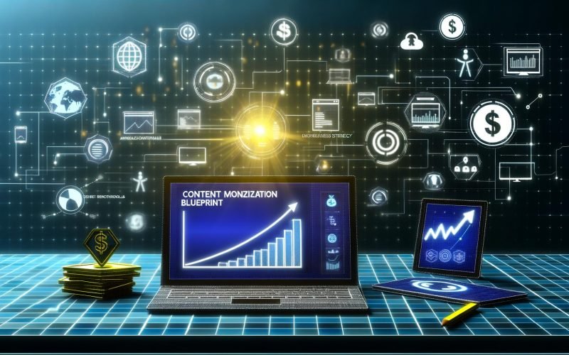 Modernes, minimalistisches Titelbild im Editorial-Design: technischer Schreibtisch mit Devices, KPI-Diagrammen, Monetarisierungs-Symbolen und digitalen Datenströmen, die in einen glänzenden Goldbarren führen.