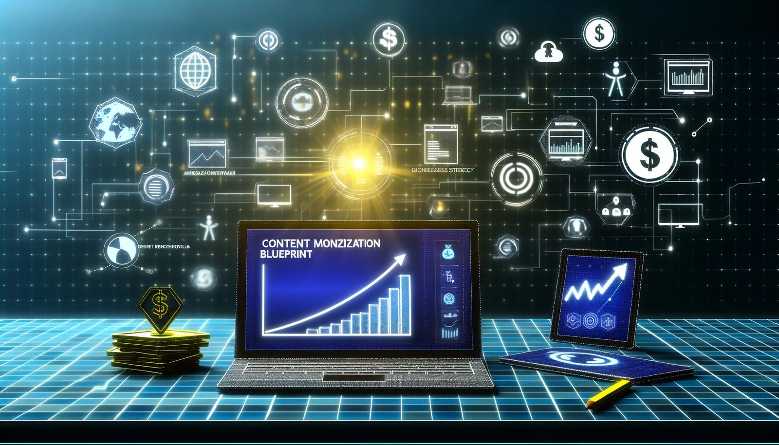 Modernes, minimalistisches Titelbild im Editorial-Design: technischer Schreibtisch mit Devices, KPI-Diagrammen, Monetarisierungs-Symbolen und digitalen Datenströmen, die in einen glänzenden Goldbarren führen.