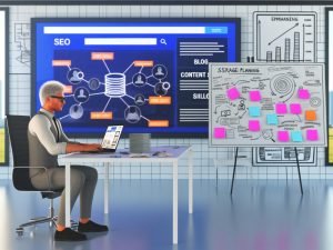 Kreativer Kopf arbeitet im modernen Büro an Website- und SEO-Strategie vor großem Bildschirm mit Blogmodulen, Content-Silos und Datenvisualisierung, umgeben von Notizen und Whiteboard mit SEO-Diagrammen.
