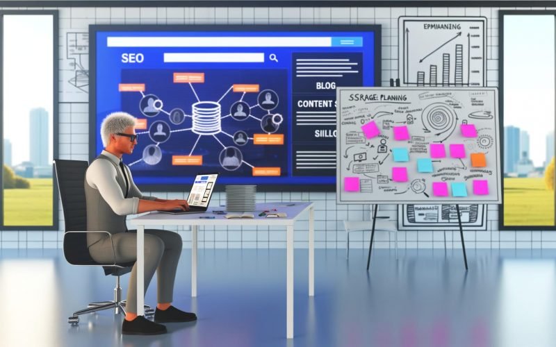 Kreativer Kopf arbeitet im modernen Büro an Website- und SEO-Strategie vor großem Bildschirm mit Blogmodulen, Content-Silos und Datenvisualisierung, umgeben von Notizen und Whiteboard mit SEO-Diagrammen.