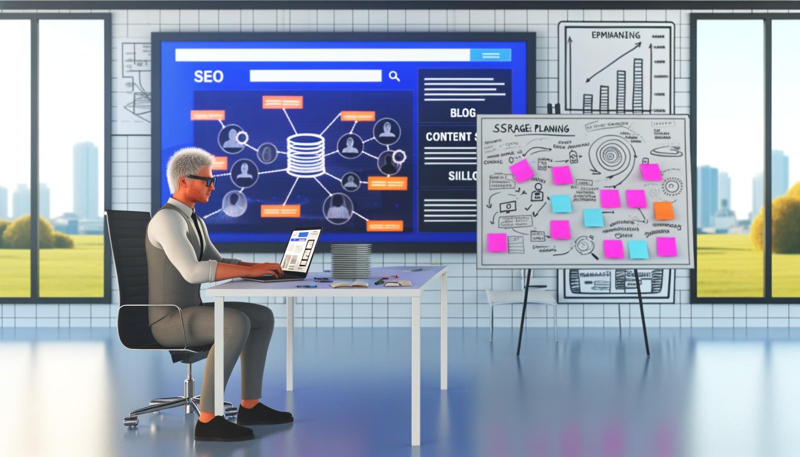 Kreativer Kopf arbeitet im modernen Büro an Website- und SEO-Strategie vor großem Bildschirm mit Blogmodulen, Content-Silos und Datenvisualisierung, umgeben von Notizen und Whiteboard mit SEO-Diagrammen.