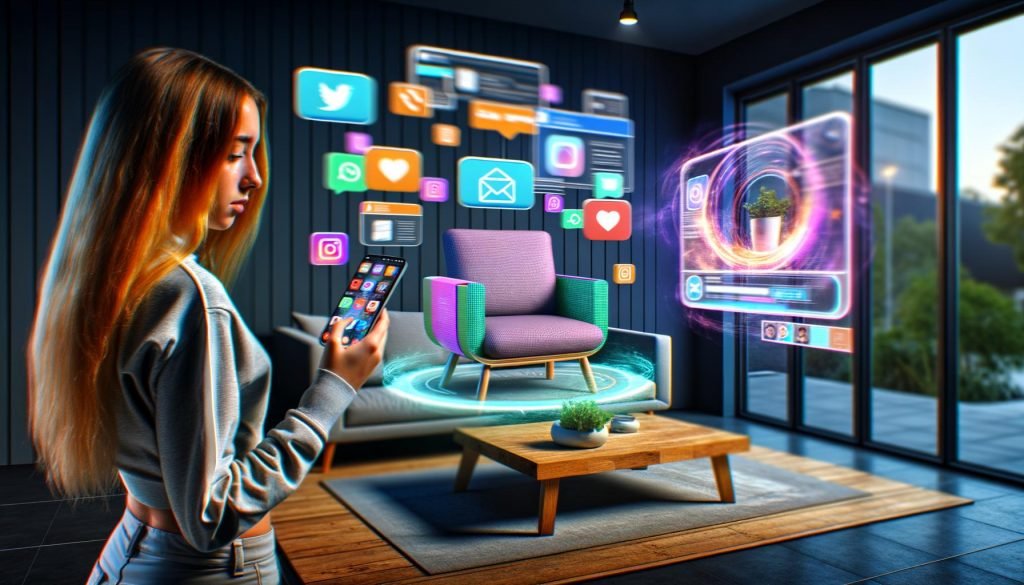 Frau hält Smartphone mit projiziertem 3D-Möbelstück per Augmented Reality, holografische Social-Media-Icons und animierte AR-Werbetafel im modernen Wohnzimmer
