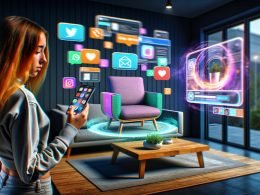 Frau hält Smartphone mit projiziertem 3D-Möbelstück per Augmented Reality, holografische Social-Media-Icons und animierte AR-Werbetafel im modernen Wohnzimmer