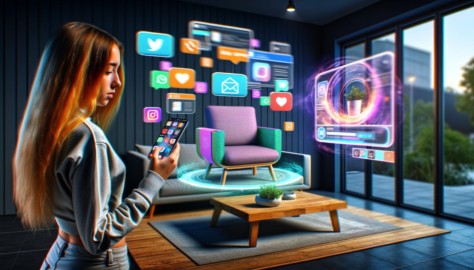 Frau hält Smartphone mit projiziertem 3D-Möbelstück per Augmented Reality, holografische Social-Media-Icons und animierte AR-Werbetafel im modernen Wohnzimmer