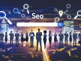 Stadtansicht von Leipzig bei Dämmerung, mehrere stilisierte Geschäftsleute mit Laptops, SEO-Diagrammen, Google-Ergebnissen, mobilen Webseiten und Leipzig-Standortmarker umgeben eine große Suchleiste mit dem Text SEO Leipzig.