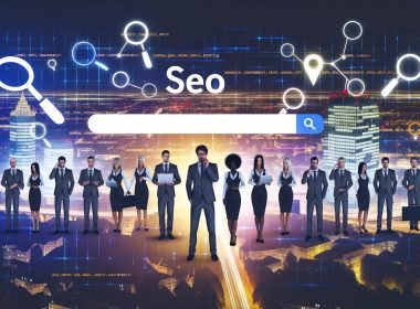 Stadtansicht von Leipzig bei Dämmerung, mehrere stilisierte Geschäftsleute mit Laptops, SEO-Diagrammen, Google-Ergebnissen, mobilen Webseiten und Leipzig-Standortmarker umgeben eine große Suchleiste mit dem Text SEO Leipzig.
