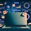 Moderner Arbeitsplatz mit Laptop und Dashboards, Post-its mit Notizen wie Affiliate, SEO, Tracking und Automation, sowie weiteren Geräten im kontrastreichen Look.