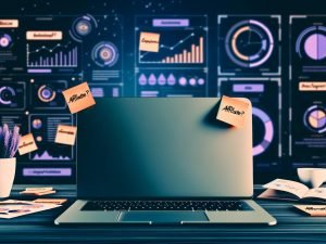Moderner Arbeitsplatz mit Laptop und Dashboards, Post-its mit Notizen wie Affiliate, SEO, Tracking und Automation, sowie weiteren Geräten im kontrastreichen Look.