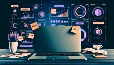 Moderner Arbeitsplatz mit Laptop und Dashboards, Post-its mit Notizen wie Affiliate, SEO, Tracking und Automation, sowie weiteren Geräten im kontrastreichen Look.