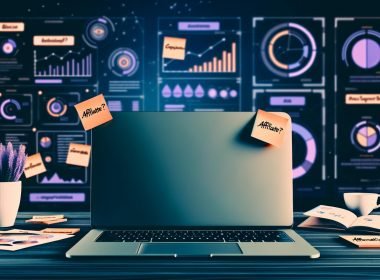 Moderner Arbeitsplatz mit Laptop und Dashboards, Post-its mit Notizen wie Affiliate, SEO, Tracking und Automation, sowie weiteren Geräten im kontrastreichen Look.