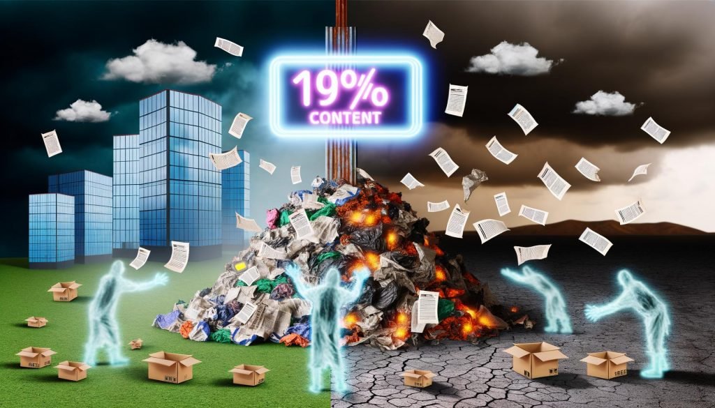 Metaphorische Müllhalde mit weggeworfenen Blogposts, Neon-Schild „99% Content“, geisterhafte Hände werfen weitere Artikel auf den Haufen, Hightech-Skyline und Schattenseite im Hintergrund, düstere Wolken darüber.