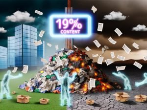 Metaphorische Müllhalde mit weggeworfenen Blogposts, Neon-Schild „99% Content“, geisterhafte Hände werfen weitere Artikel auf den Haufen, Hightech-Skyline und Schattenseite im Hintergrund, düstere Wolken darüber.