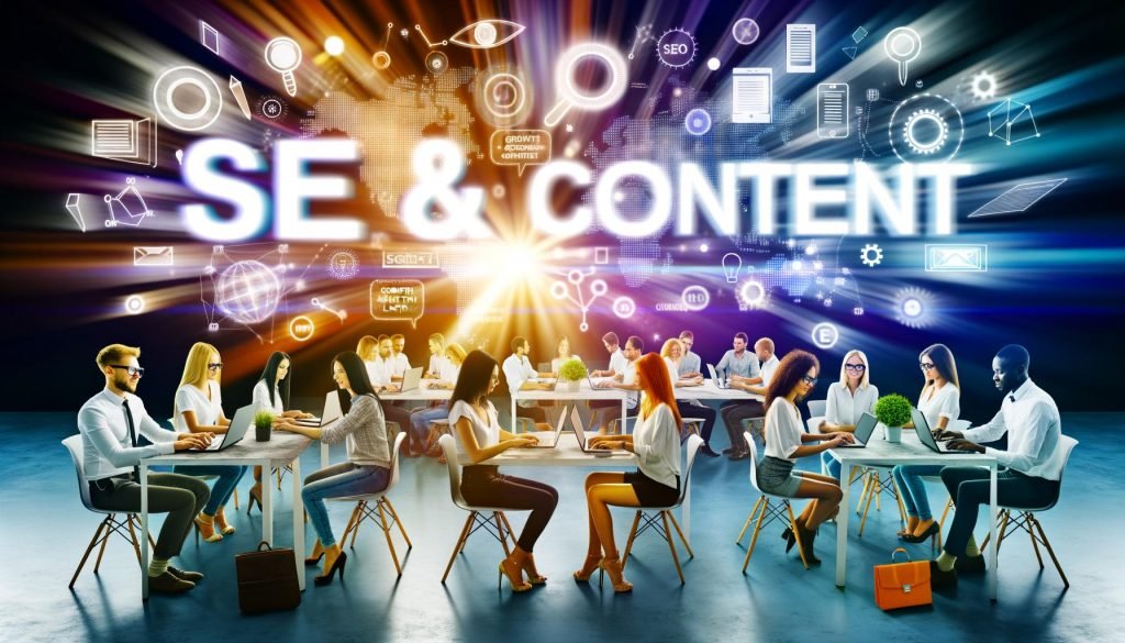 Junges, diverses Team arbeitet gemeinsam in kreativem Workspace an Laptops und Whiteboards mit SEO-Diagrammen. Im Hintergrund moderne Suchmaschinen- und Content-Grafiken.