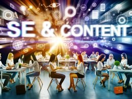 Junges, diverses Team arbeitet gemeinsam in kreativem Workspace an Laptops und Whiteboards mit SEO-Diagrammen. Im Hintergrund moderne Suchmaschinen- und Content-Grafiken.