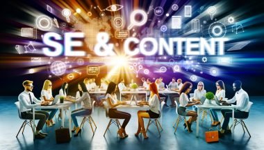 Junges, diverses Team arbeitet gemeinsam in kreativem Workspace an Laptops und Whiteboards mit SEO-Diagrammen. Im Hintergrund moderne Suchmaschinen- und Content-Grafiken.
