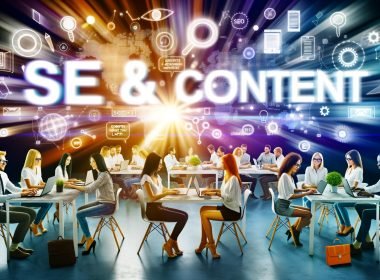 Junges, diverses Team arbeitet gemeinsam in kreativem Workspace an Laptops und Whiteboards mit SEO-Diagrammen. Im Hintergrund moderne Suchmaschinen- und Content-Grafiken.