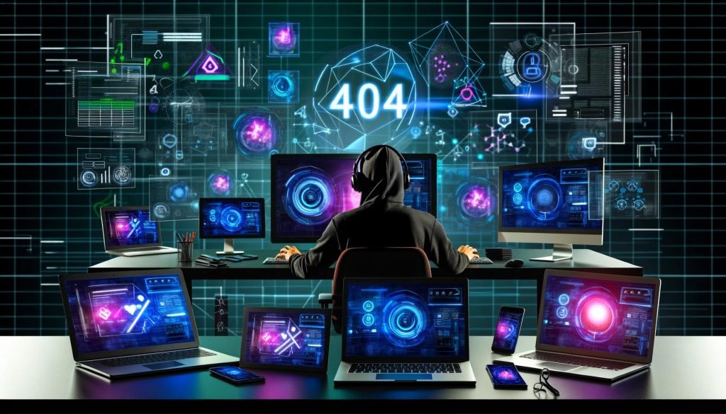 Stylischer Profi am Arbeitsplatz mit Laptop, Smartphone, Tablet und Desktop-PC, alle zeigen Analyse-Grafiken, Werbebanner, Zahlungs-Symbole und Quellcodes. Großes 404-Logo im Hintergrund, Datenströme als Hologramme.