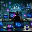 Stylischer Profi am Arbeitsplatz mit Laptop, Smartphone, Tablet und Desktop-PC, alle zeigen Analyse-Grafiken, Werbebanner, Zahlungs-Symbole und Quellcodes. Großes 404-Logo im Hintergrund, Datenströme als Hologramme.