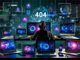 Stylischer Profi am Arbeitsplatz mit Laptop, Smartphone, Tablet und Desktop-PC, alle zeigen Analyse-Grafiken, Werbebanner, Zahlungs-Symbole und Quellcodes. Großes 404-Logo im Hintergrund, Datenströme als Hologramme.