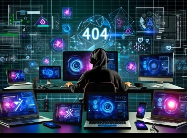 Stylischer Profi am Arbeitsplatz mit Laptop, Smartphone, Tablet und Desktop-PC, alle zeigen Analyse-Grafiken, Werbebanner, Zahlungs-Symbole und Quellcodes. Großes 404-Logo im Hintergrund, Datenströme als Hologramme.