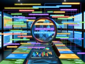 Mehrere Monitore an einem modernen Arbeitsplatz zeigen komplexe Analyse-Dashboards mit farblich hervorgehobenen UTM-Parametern wie utm_source, utm_medium, utm_campaign, utm_content und utm_term, sowie Traffic- und Conversion-Verbindungen.
