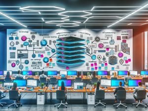Futuristisches Büro mit Entwickler:innen und Content-Managern, die an Laptops und großen Bildschirmen arbeiten, Whiteboard mit drei Säulen zu Technologie, Workflow und SEO, Headless-CMS-Code und SEO-Tool sichtbar.